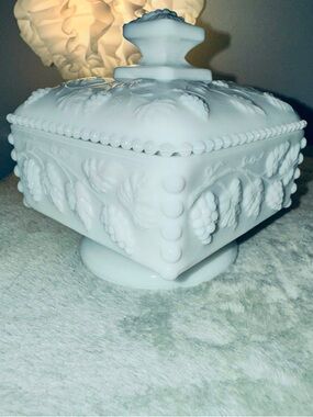 Westmoreland White Milk Glass Covered Candy Dish with Grape Relief